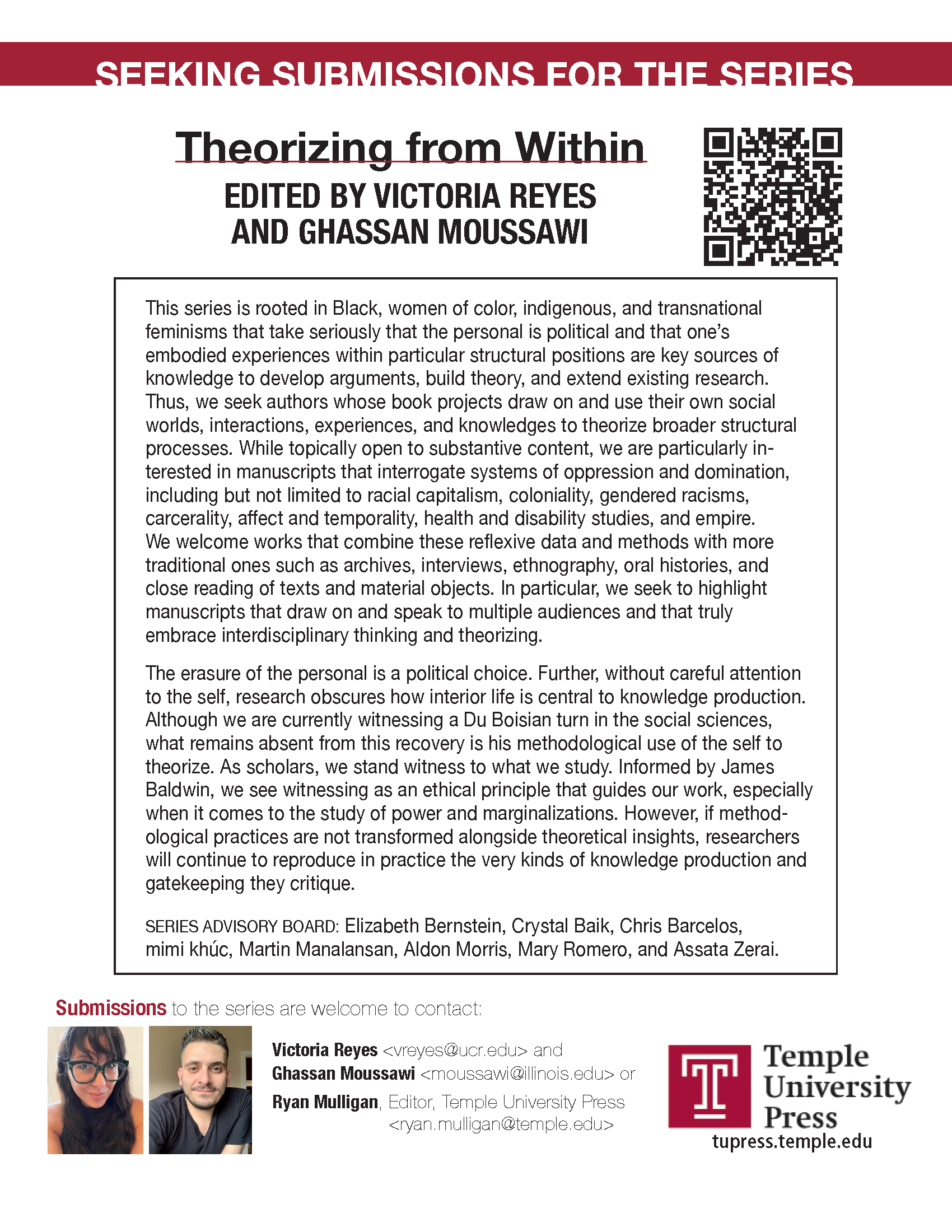 Flyer asking for submissions to the series Theorizing from Within. Text transcribed on page.